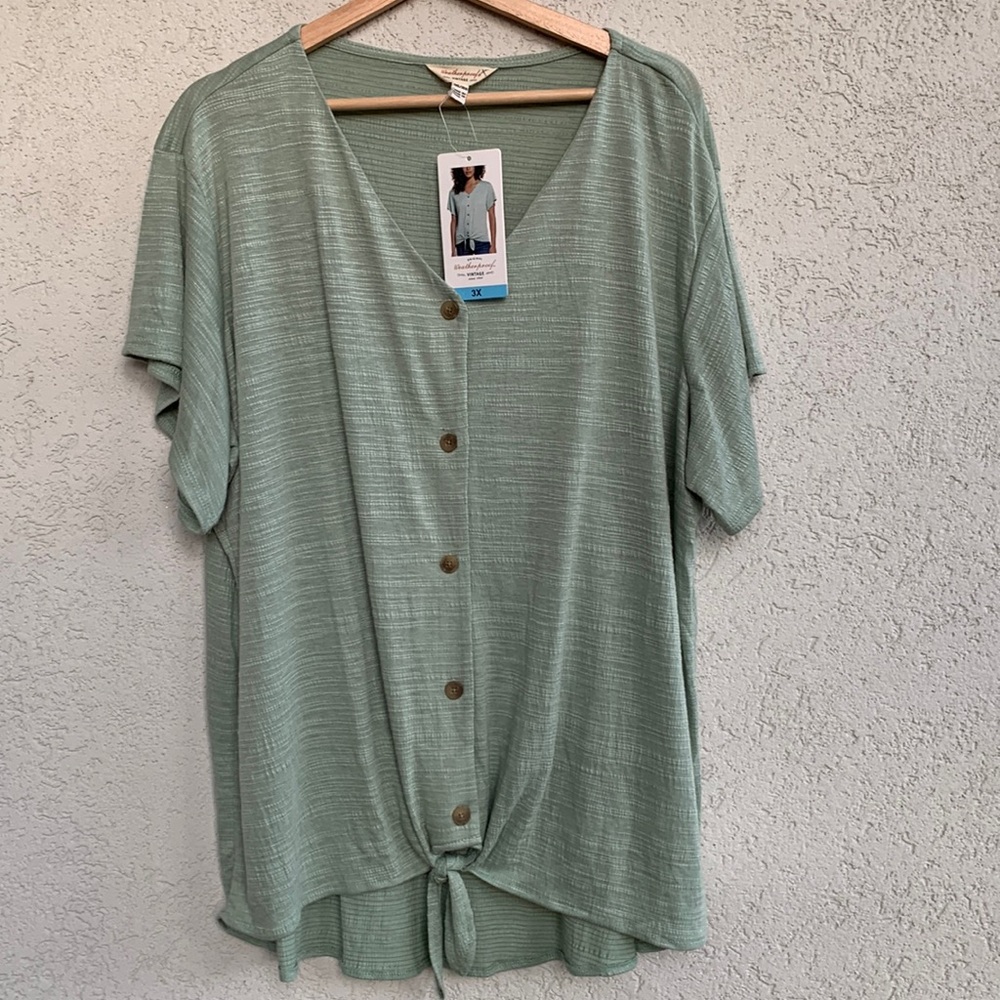 Weatherproof Vintage granite green short sleeve button down tie front top
